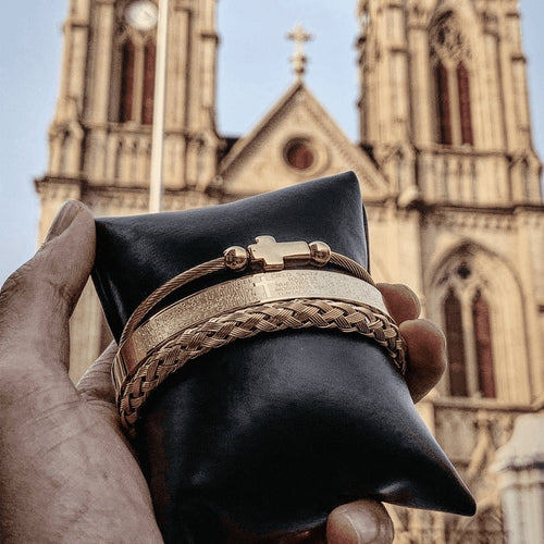 Trio of Our Father Cross Bangles - Snazzy Stainless Steel with Gold and Silver Finish