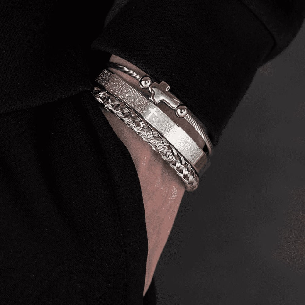 Trio of Our Father Cross Bangles - Snazzy Stainless Steel with Gold and Silver Finish