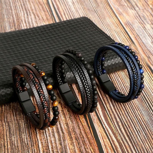 Top-Notch Leather Wristband for Blokes - Stylish Bling with Gems and Charms