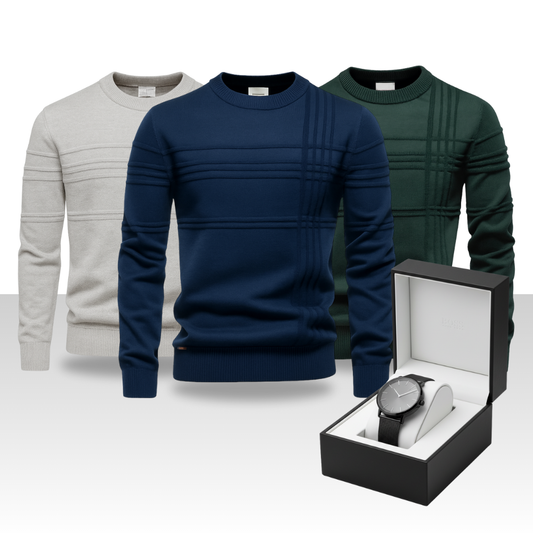 SET OF 3 TEXTURED CREW NECK JUMPERS [BUY 2, GET 3] + FREE WATCH