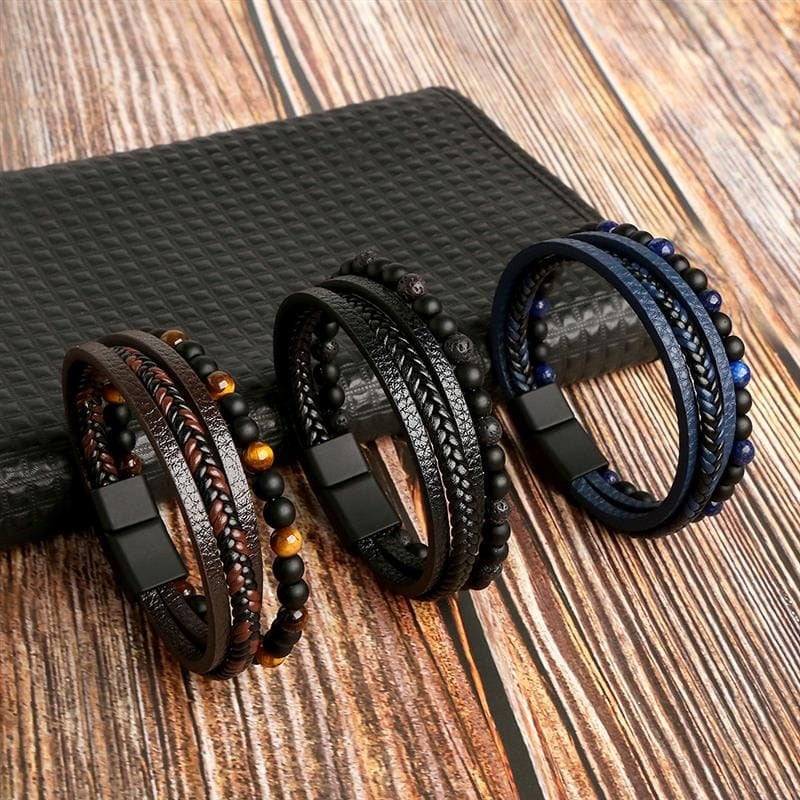 Top-Notch Leather Wristband for Blokes - Stylish Bling with Gems and Charms